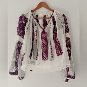 Vintage Romanian Style Embroidered Blouse Sheer One Size